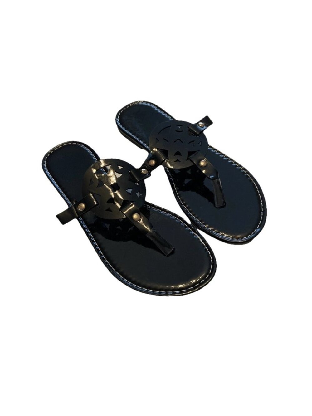 Women's Black Patent Leather Sandals Sz 38 ( US 8 ) Thong slip on Fashion